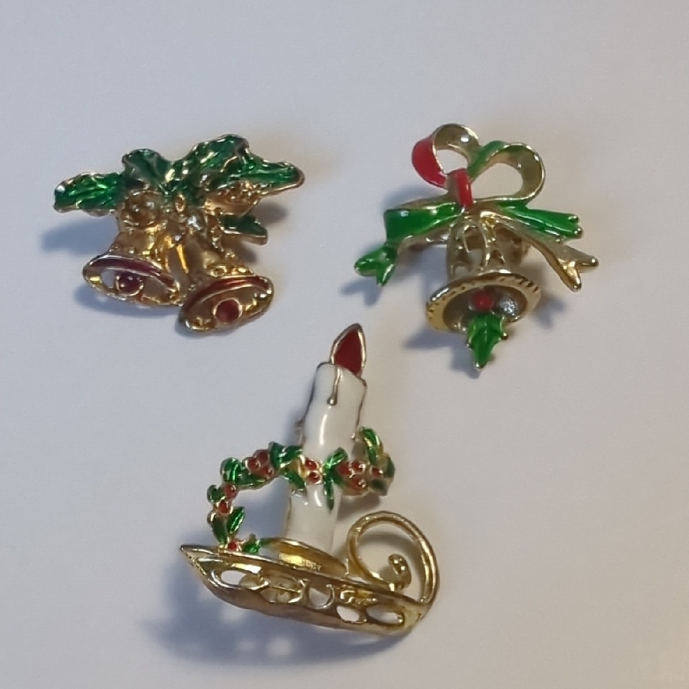 Festive Holiday Brooch Set with Bells and Candle
